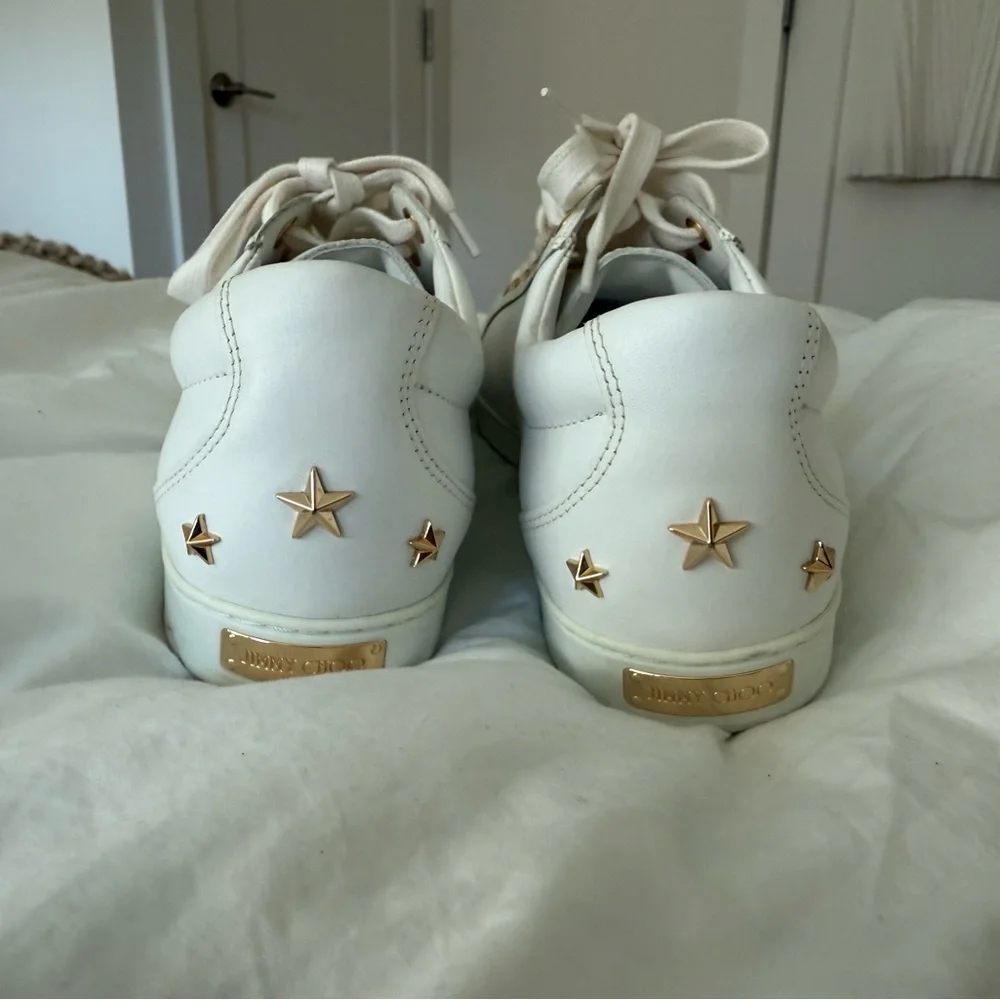 NEW Jimmy Choo White and Star Studded Gold Leather Sneakers 41.5 / 10 US
